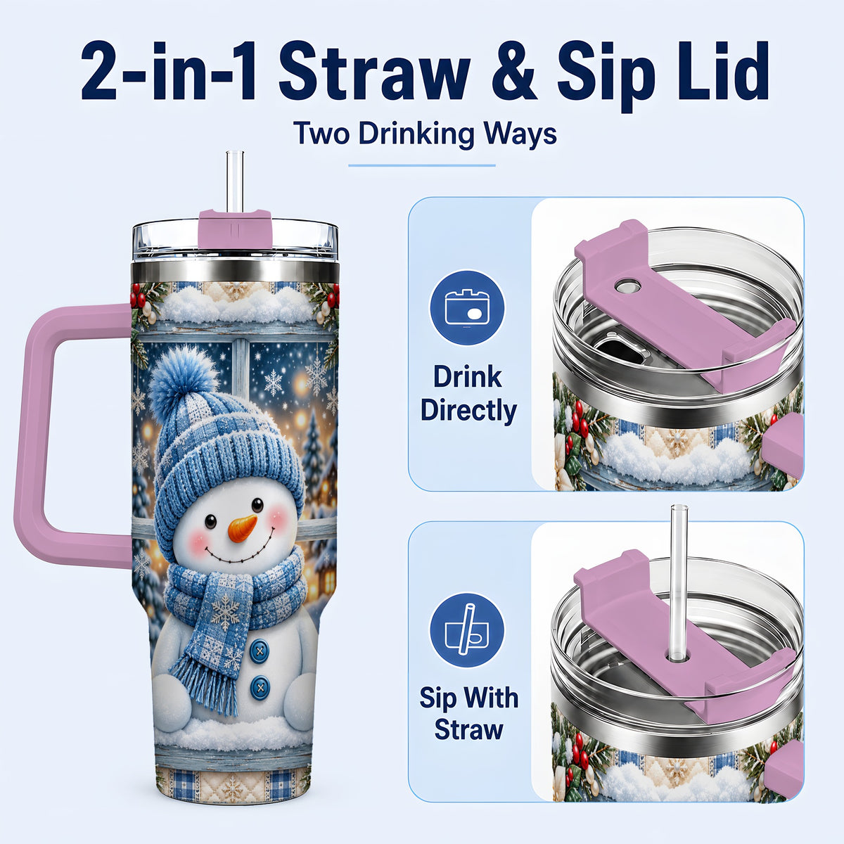 #pl[40oz|Pink] Blue Scarf Snowman 40oz Tumbler with Handle, Winter Travel Cup