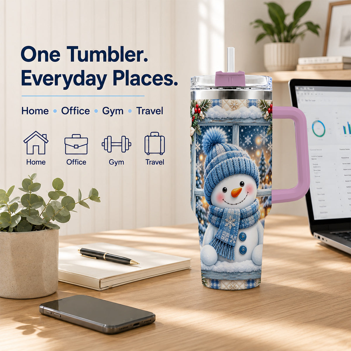 #pl[40oz|Pink] Blue Scarf Snowman 40oz Tumbler with Handle, Winter Travel Cup