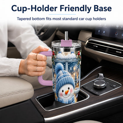 #pl[40oz|Pink] Blue Scarf Snowman 40oz Tumbler with Handle, Winter Travel Cup