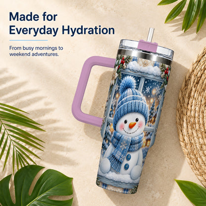 #pl[40oz|Pink] Blue Scarf Snowman 40oz Tumbler with Handle, Winter Travel Cup
