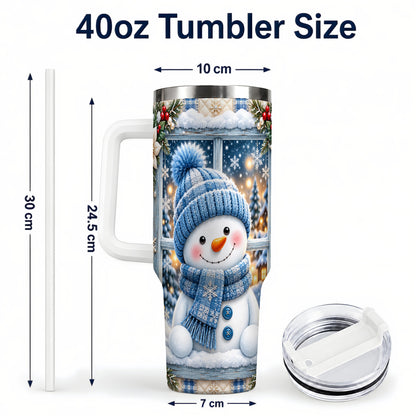 #pl[40oz|White] Blue Scarf Snowman 40oz Tumbler with Handle, Winter Travel Cup