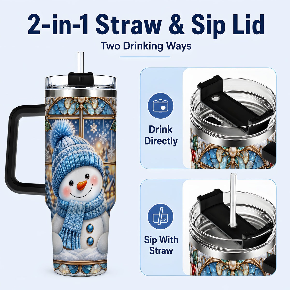 #pl[40oz|Black] Blue Snowman 40oz Tumbler with Handle, Winter Stainless Steel Travel Cup