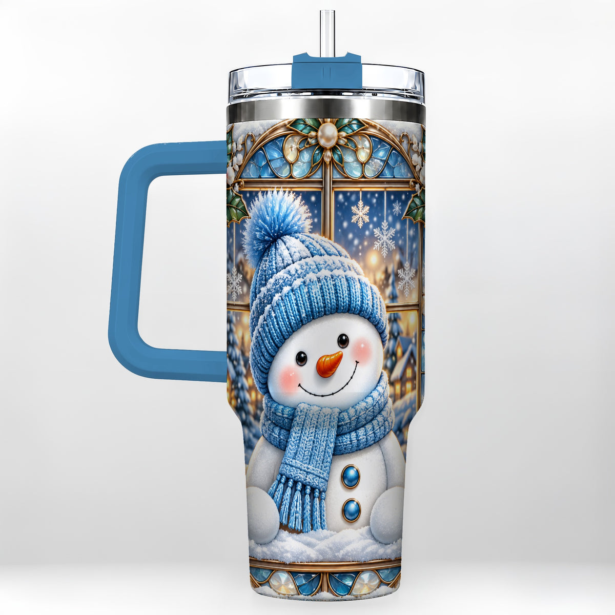 #pl[40oz|Blue] Blue Snowman 40oz Tumbler with Handle, Winter Stainless Steel Travel Cup