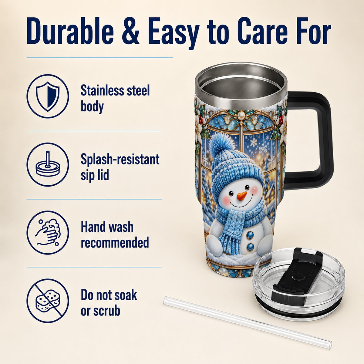 #pl[40oz|Black] Blue Snowman 40oz Tumbler with Handle, Winter Stainless Steel Travel Cup