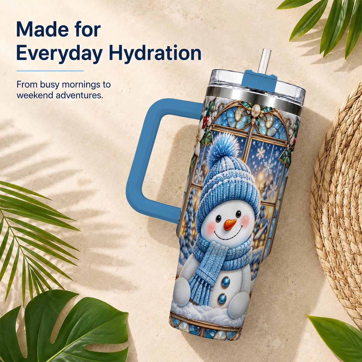 #pl[40oz|Blue] Blue Snowman 40oz Tumbler with Handle, Winter Stainless Steel Travel Cup