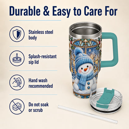 #pl[40oz|Green] Blue Snowman 40oz Tumbler with Handle, Winter Stainless Steel Travel Cup