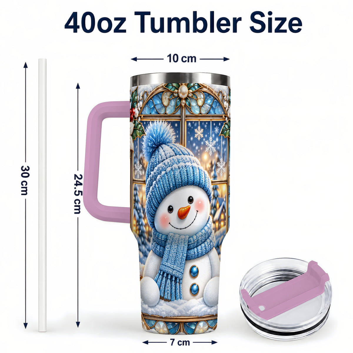 #pl[40oz|Pink] Blue Snowman 40oz Tumbler with Handle, Winter Stainless Steel Travel Cup