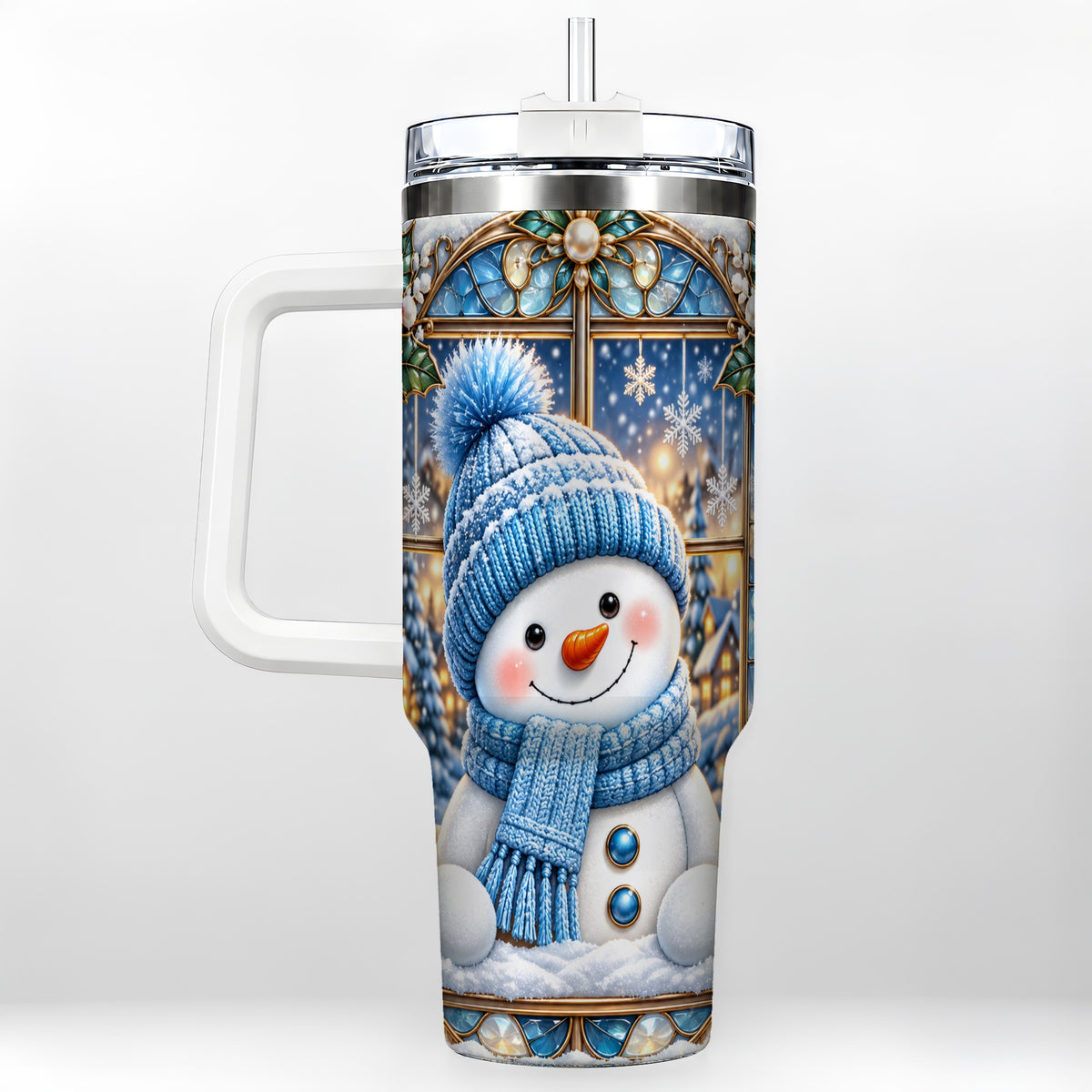 Blue Snowman 40oz Tumbler with Handle, Winter Stainless Steel Travel Cup