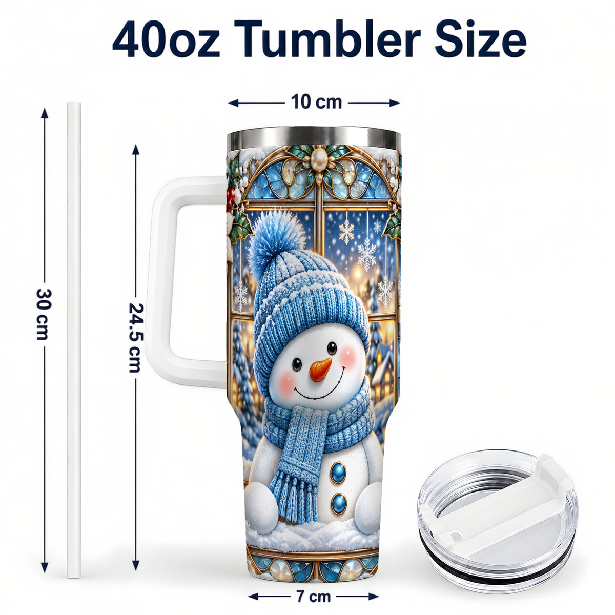 #pl[40oz|White] Blue Snowman 40oz Tumbler with Handle, Winter Stainless Steel Travel Cup