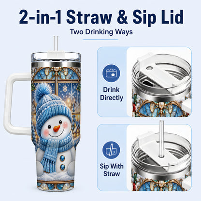 #pl[40oz|White] Blue Snowman 40oz Tumbler with Handle, Winter Stainless Steel Travel Cup