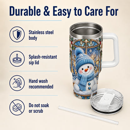 #pl[40oz|White] Blue Snowman 40oz Tumbler with Handle, Winter Stainless Steel Travel Cup