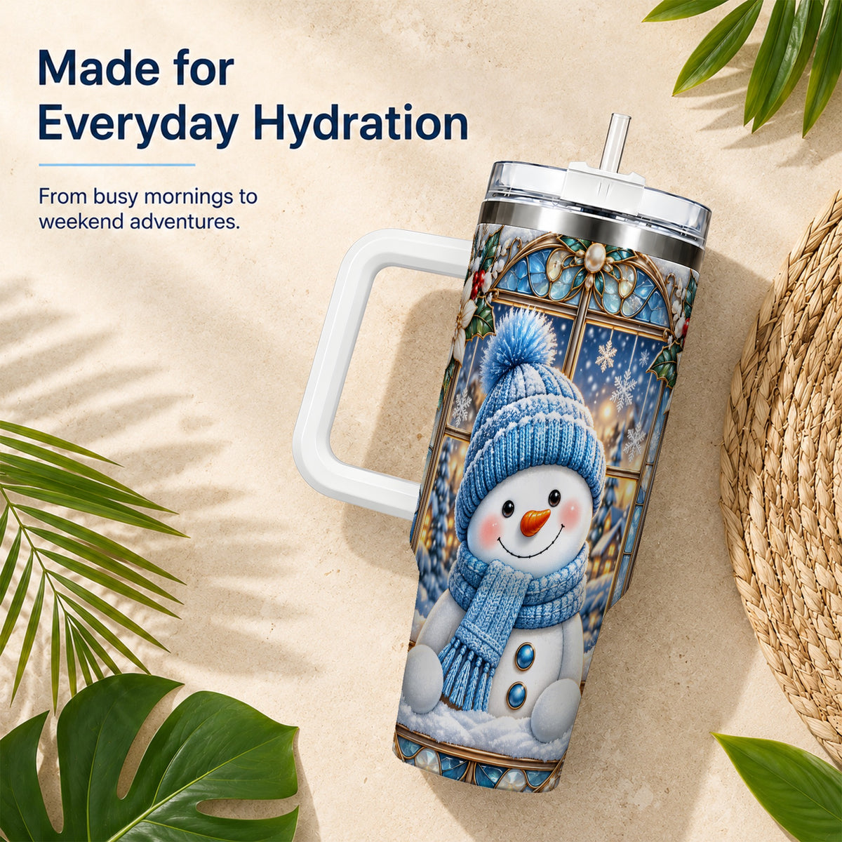 #pl[40oz|White] Blue Snowman 40oz Tumbler with Handle, Winter Stainless Steel Travel Cup