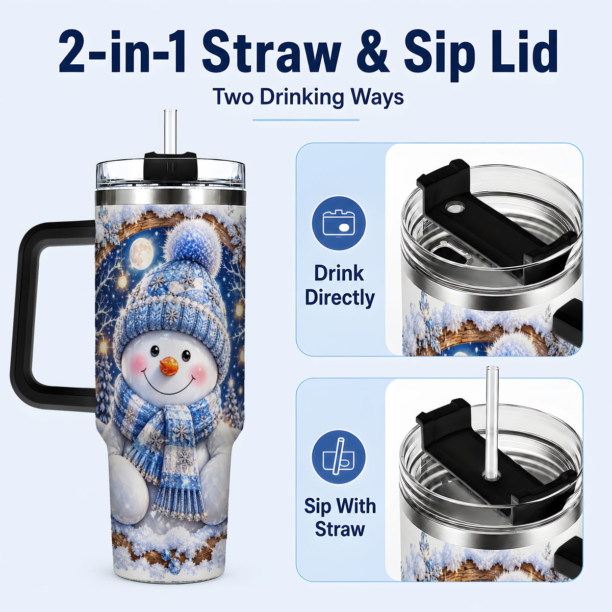 #pl[40oz|Black] Crystal Snowman 40oz Tumbler with Handle, Winter Stainless Steel Travel Cup