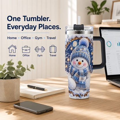 #pl[40oz|Black] Crystal Snowman 40oz Tumbler with Handle, Winter Stainless Steel Travel Cup