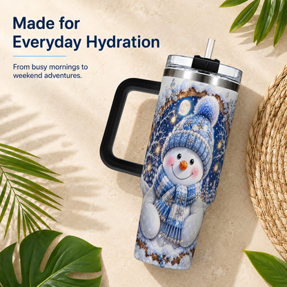 #pl[40oz|Black] Crystal Snowman 40oz Tumbler with Handle, Winter Stainless Steel Travel Cup