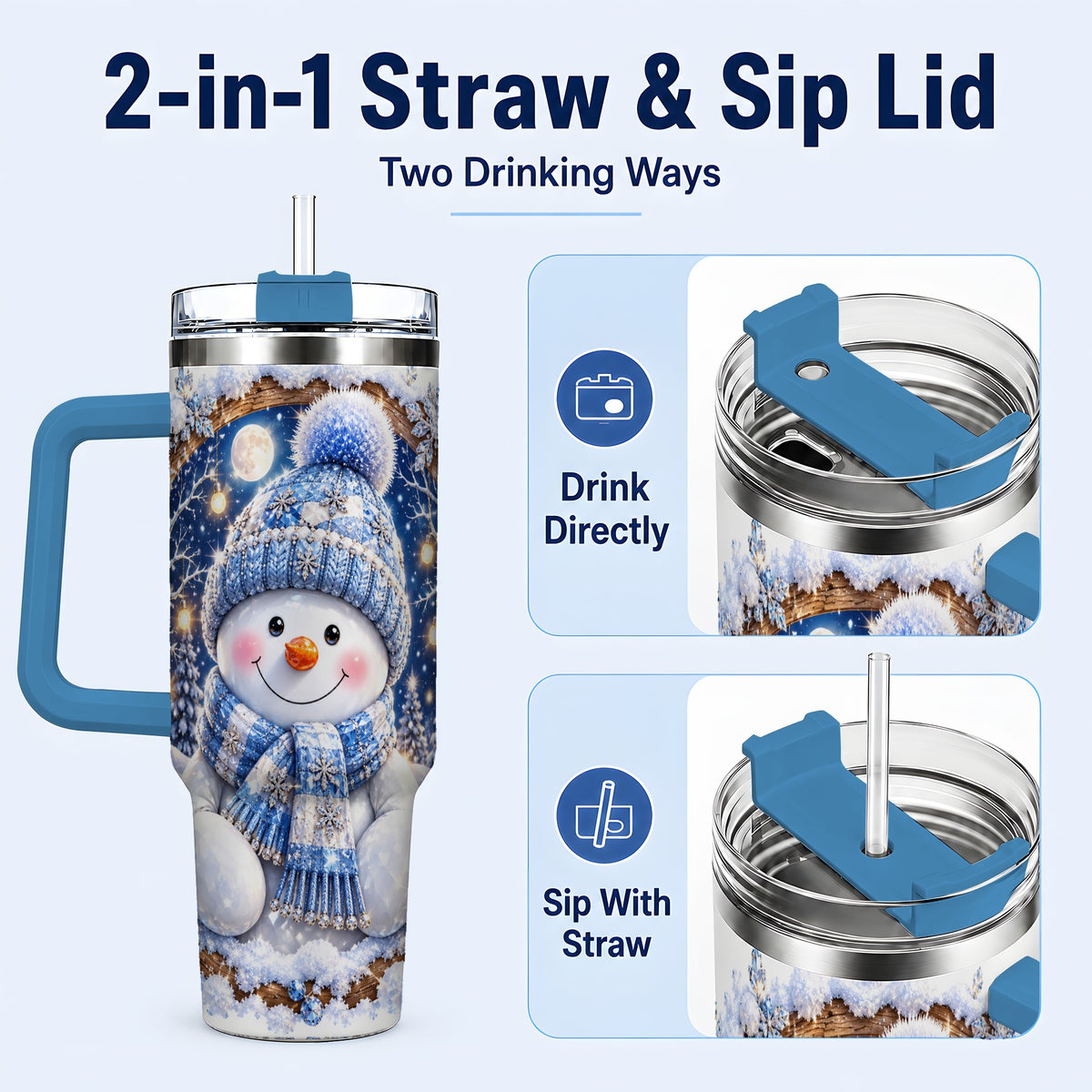 #pl[40oz|Blue] Crystal Snowman 40oz Tumbler with Handle, Winter Stainless Steel Travel Cup