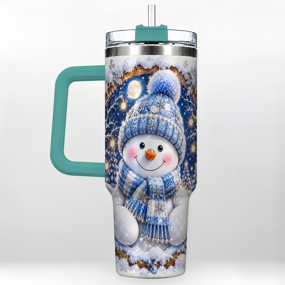 #pl[40oz|Green] Crystal Snowman 40oz Tumbler with Handle, Winter Stainless Steel Travel Cup