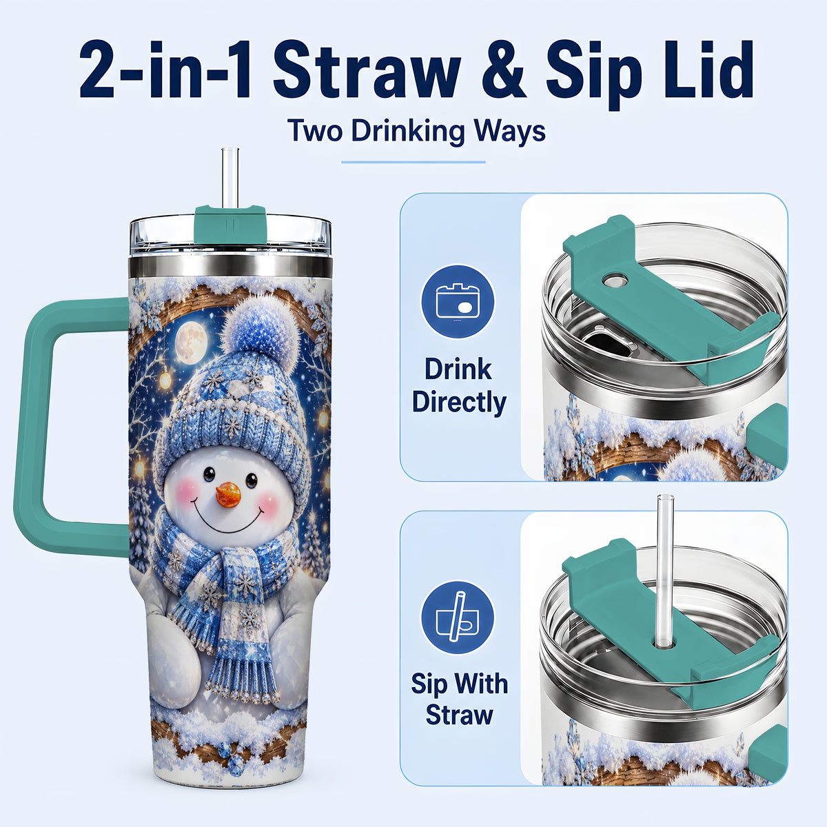 #pl[40oz|Green] Crystal Snowman 40oz Tumbler with Handle, Winter Stainless Steel Travel Cup