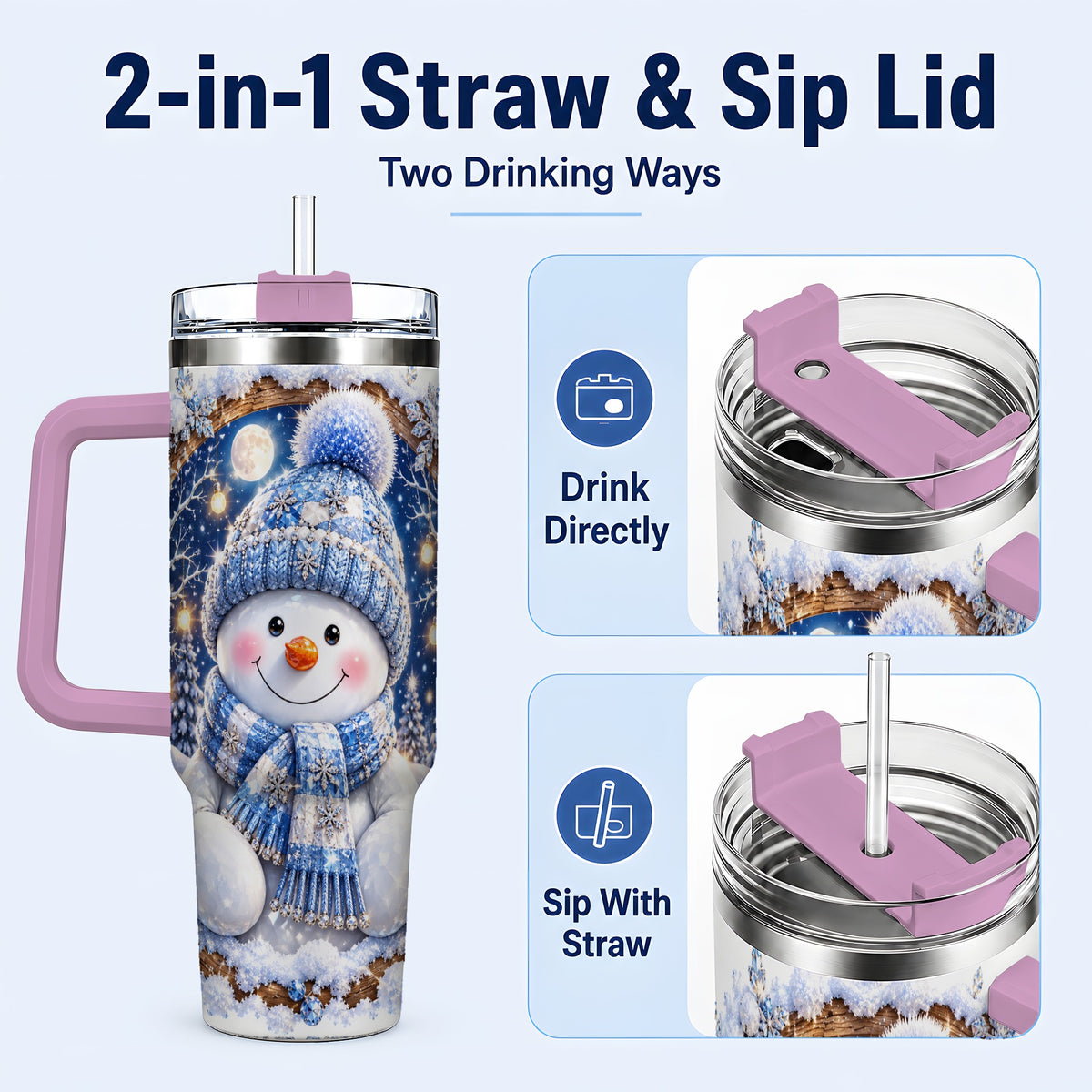 #pl[40oz|Pink] Crystal Snowman 40oz Tumbler with Handle, Winter Stainless Steel Travel Cup