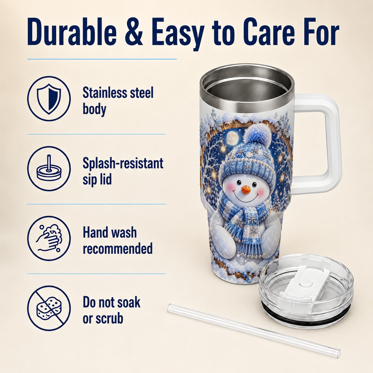 #pl[40oz|White] Crystal Snowman 40oz Tumbler with Handle, Winter Stainless Steel Travel Cup