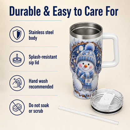 #pl[40oz|White] Crystal Snowman 40oz Tumbler with Handle, Winter Stainless Steel Travel Cup