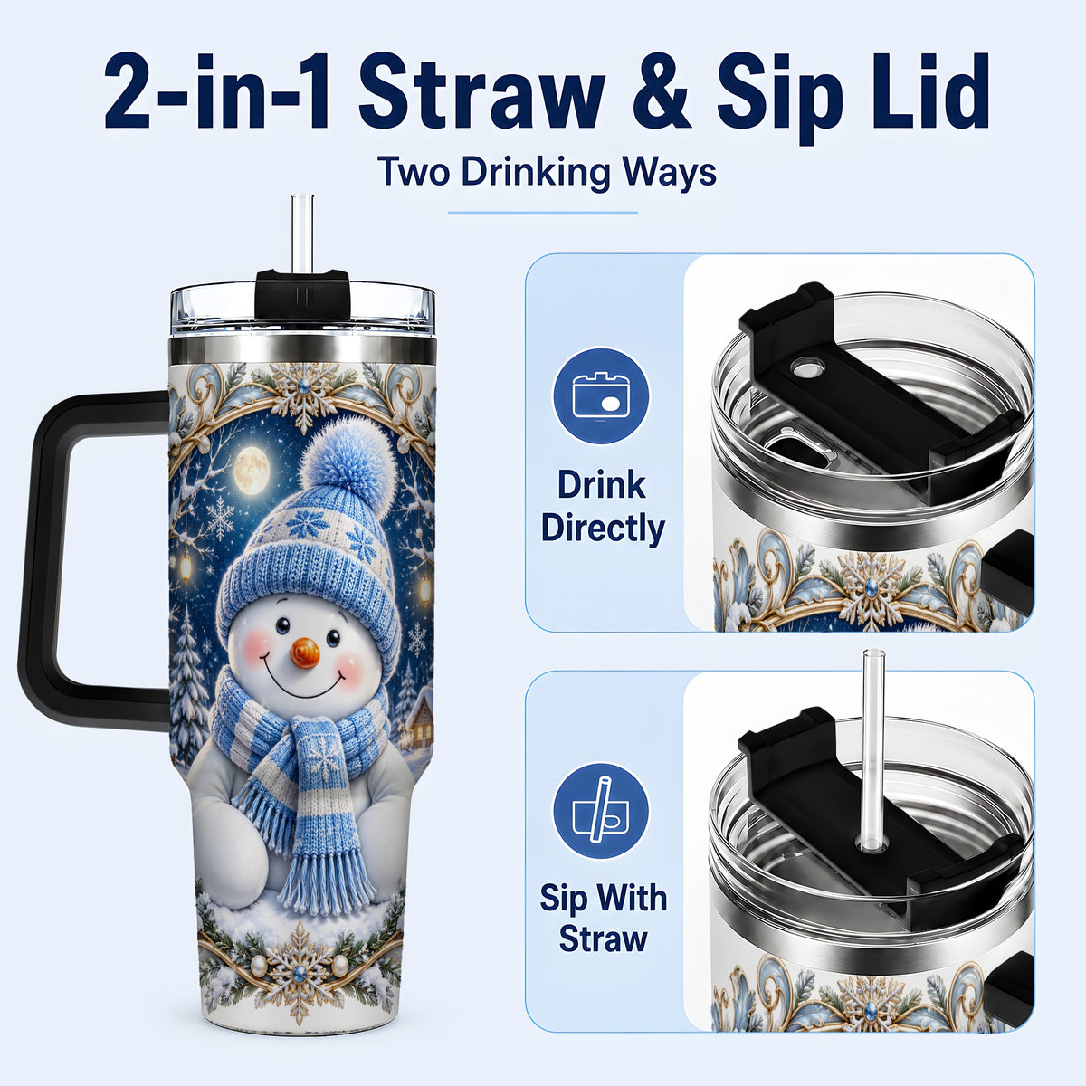 #pl[40oz|Black] Ornate Snowman 40oz Tumbler with Handle, Winter Stainless Steel Travel Cup
