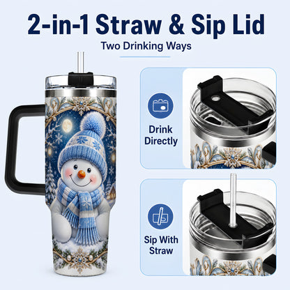 #pl[40oz|Black] Ornate Snowman 40oz Tumbler with Handle, Winter Stainless Steel Travel Cup