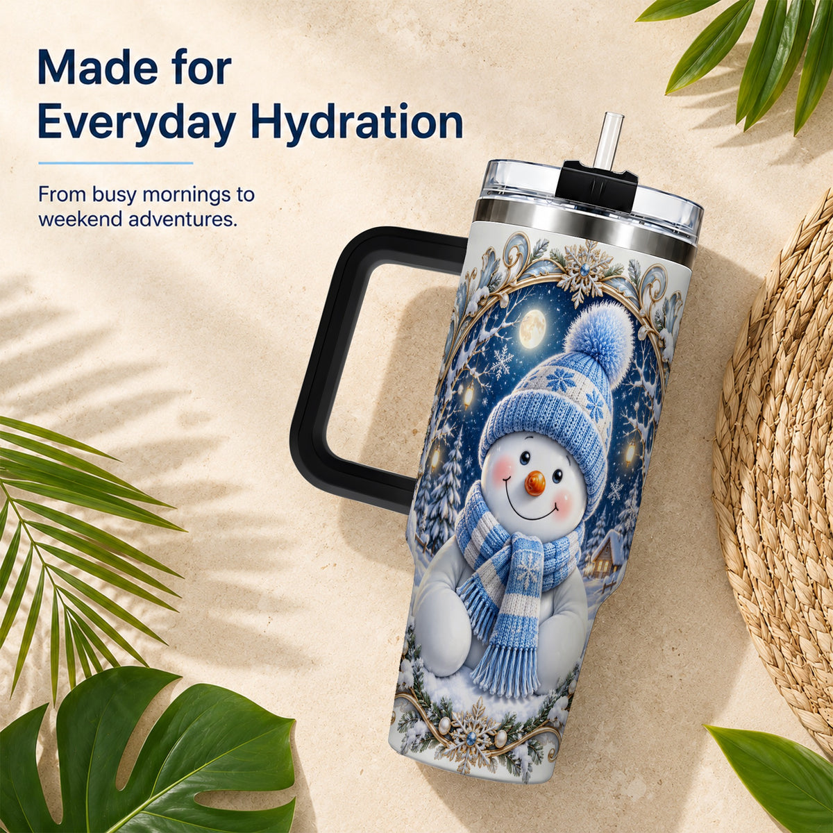 #pl[40oz|Black] Ornate Snowman 40oz Tumbler with Handle, Winter Stainless Steel Travel Cup