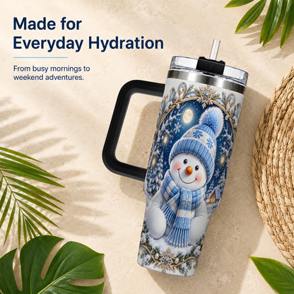 #pl[40oz|Black] Ornate Snowman 40oz Tumbler with Handle, Winter Stainless Steel Travel Cup