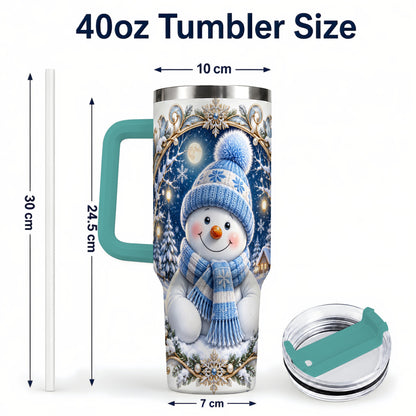 #pl[40oz|Green] Ornate Snowman 40oz Tumbler with Handle, Winter Stainless Steel Travel Cup