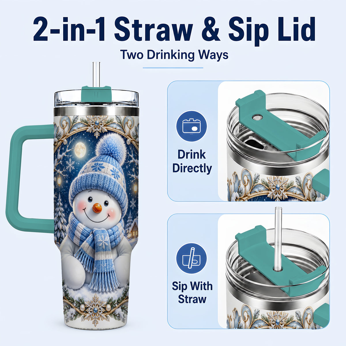 #pl[40oz|Green] Ornate Snowman 40oz Tumbler with Handle, Winter Stainless Steel Travel Cup