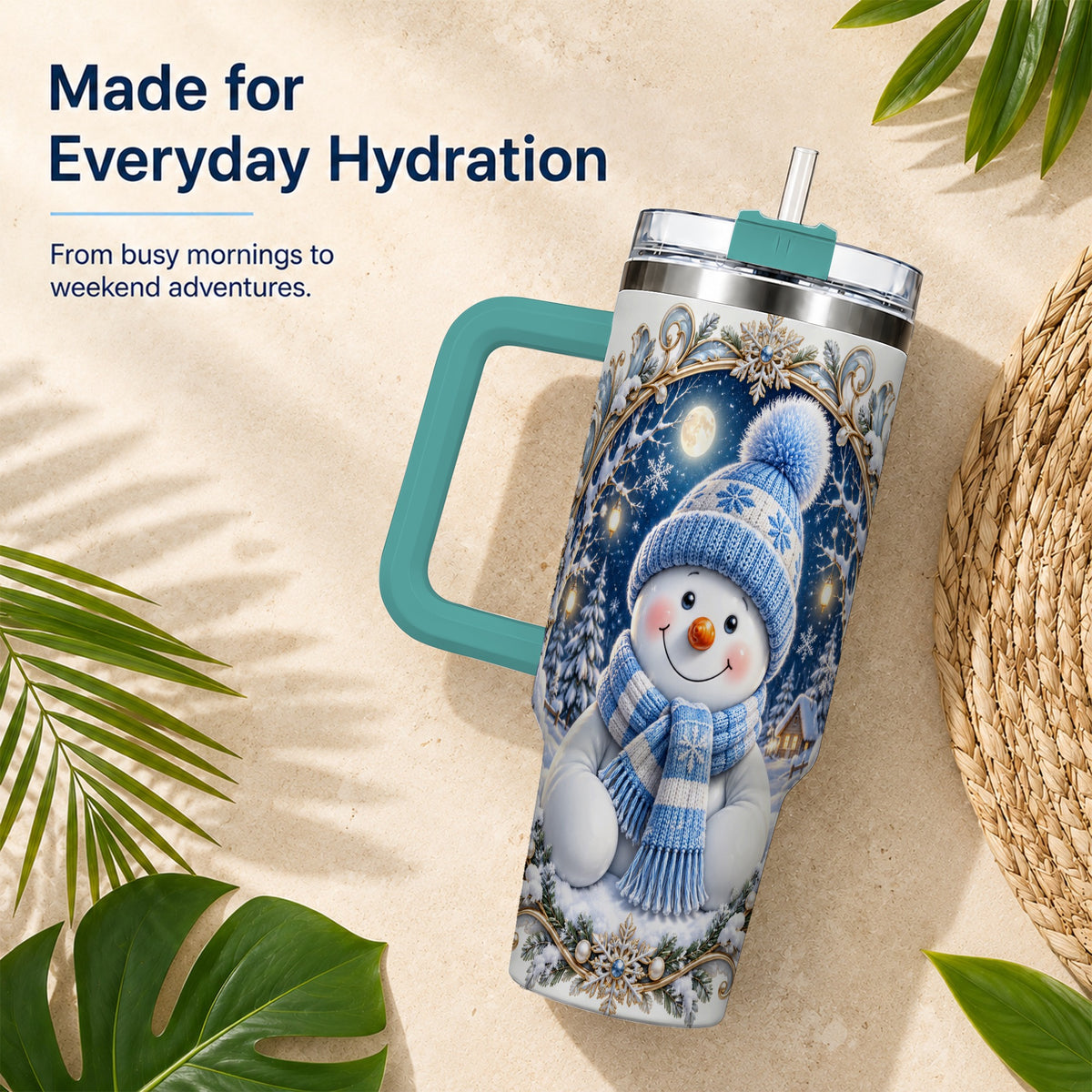 #pl[40oz|Green] Ornate Snowman 40oz Tumbler with Handle, Winter Stainless Steel Travel Cup