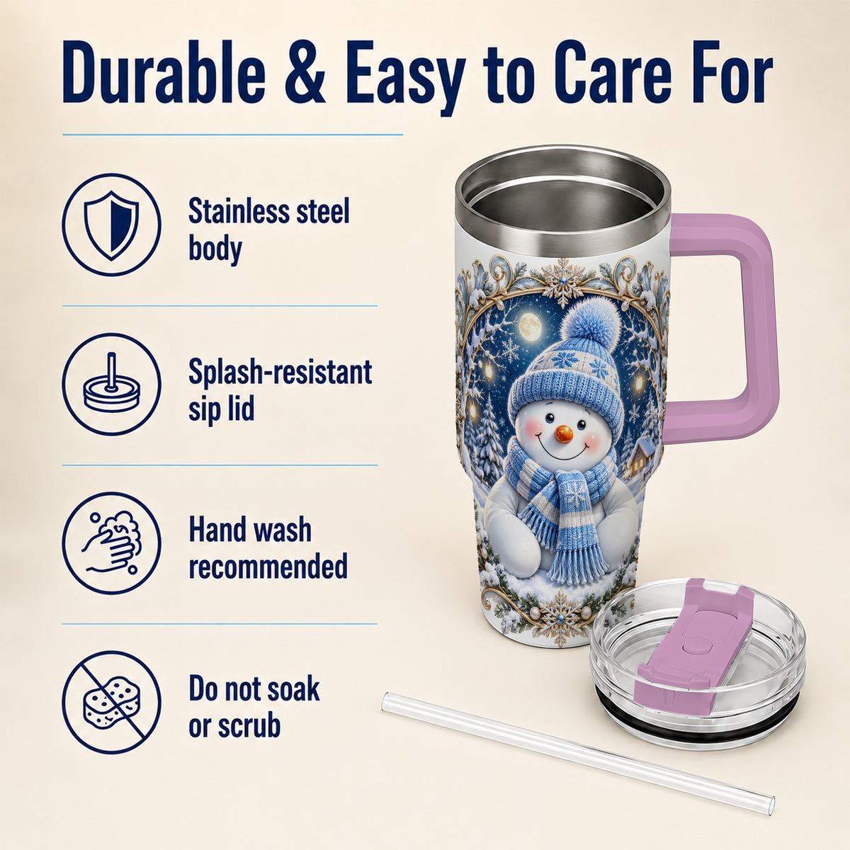 #pl[40oz|Pink] Ornate Snowman 40oz Tumbler with Handle, Winter Stainless Steel Travel Cup