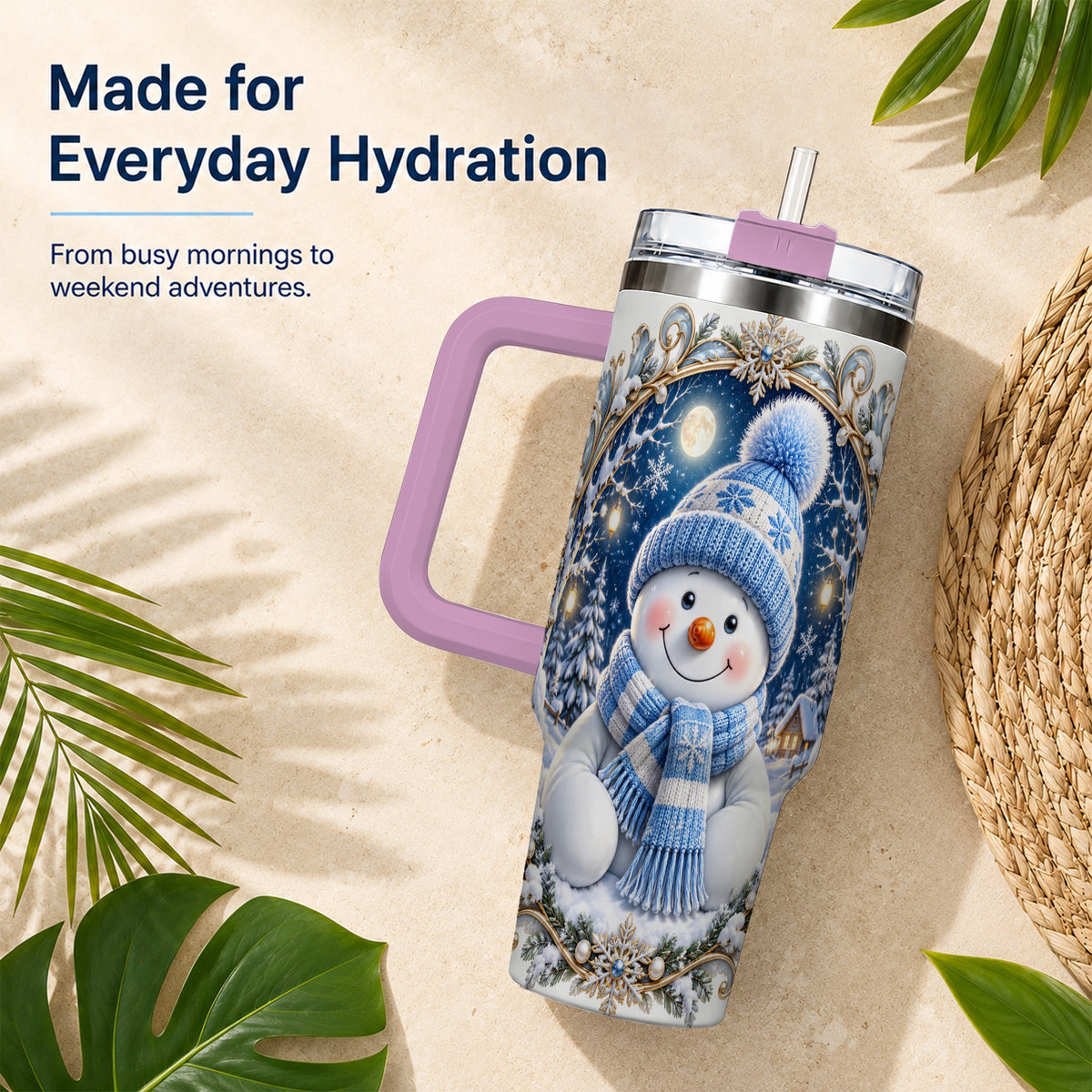#pl[40oz|Pink] Ornate Snowman 40oz Tumbler with Handle, Winter Stainless Steel Travel Cup