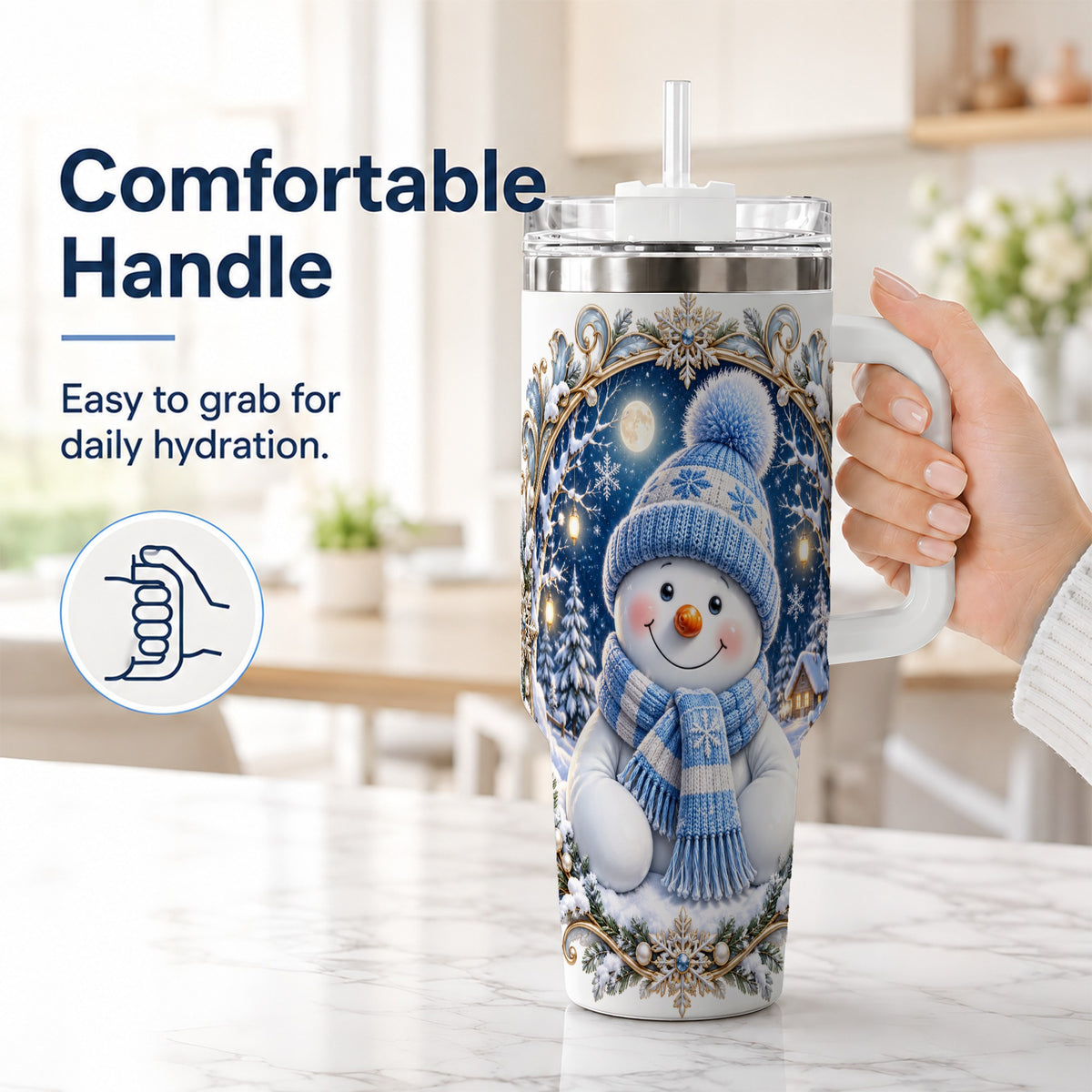 #pl[40oz|White] Ornate Snowman 40oz Tumbler with Handle, Winter Stainless Steel Travel Cup