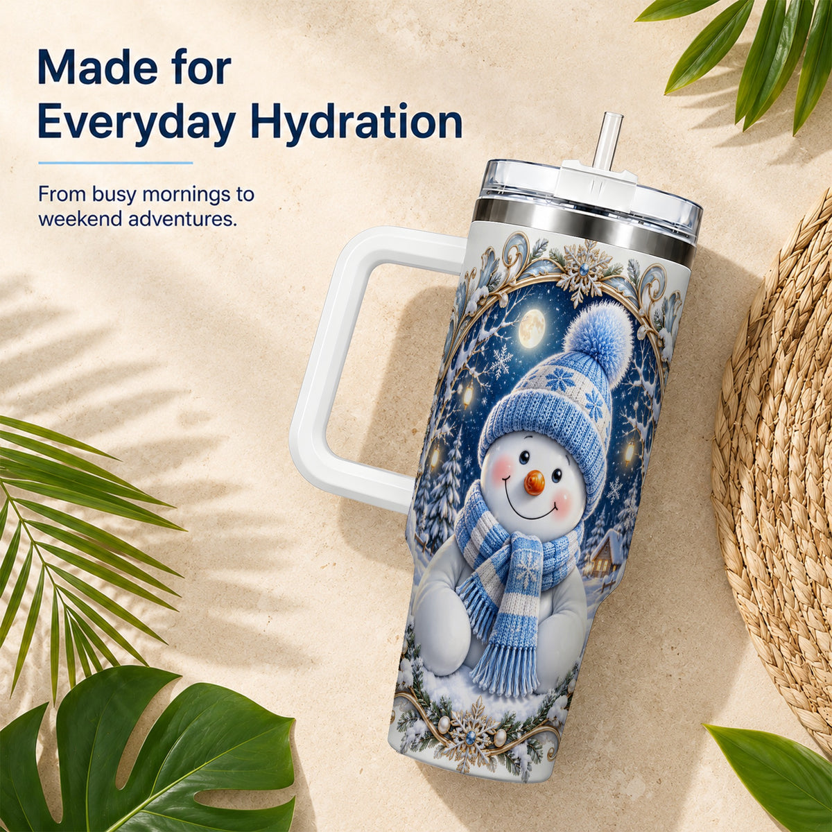 #pl[40oz|White] Ornate Snowman 40oz Tumbler with Handle, Winter Stainless Steel Travel Cup
