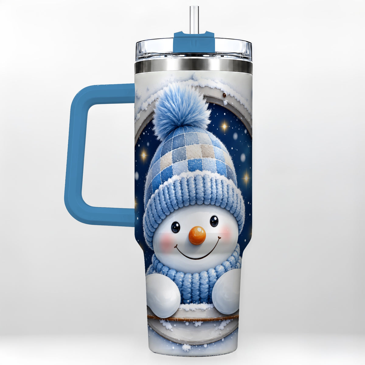 #pl[40oz|Blue] Cozy Snowman 40oz Tumbler with Handle, Winter Stainless Steel Travel Cup