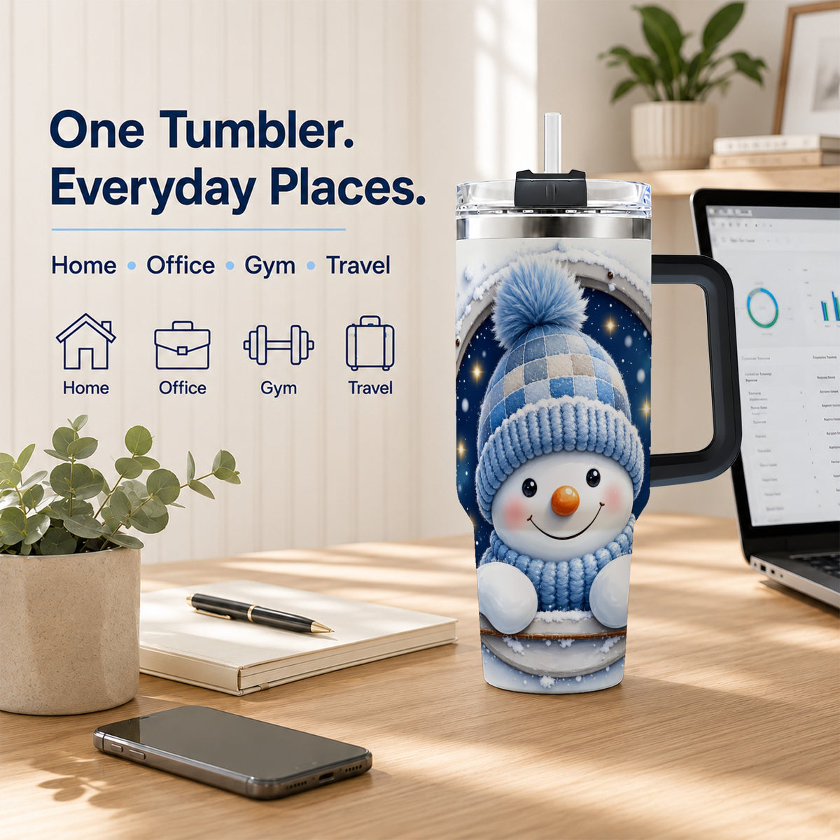 #pl[40oz|Black] Cozy Snowman 40oz Tumbler with Handle, Winter Stainless Steel Travel Cup