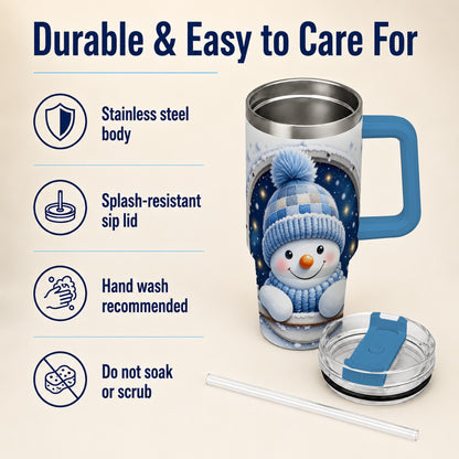 #pl[40oz|Blue] Cozy Snowman 40oz Tumbler with Handle, Winter Stainless Steel Travel Cup