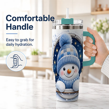 #pl[40oz|Green] Cozy Snowman 40oz Tumbler with Handle, Winter Stainless Steel Travel Cup