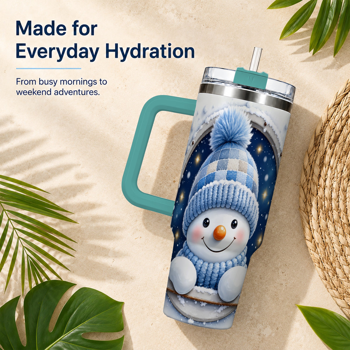 #pl[40oz|Green] Cozy Snowman 40oz Tumbler with Handle, Winter Stainless Steel Travel Cup