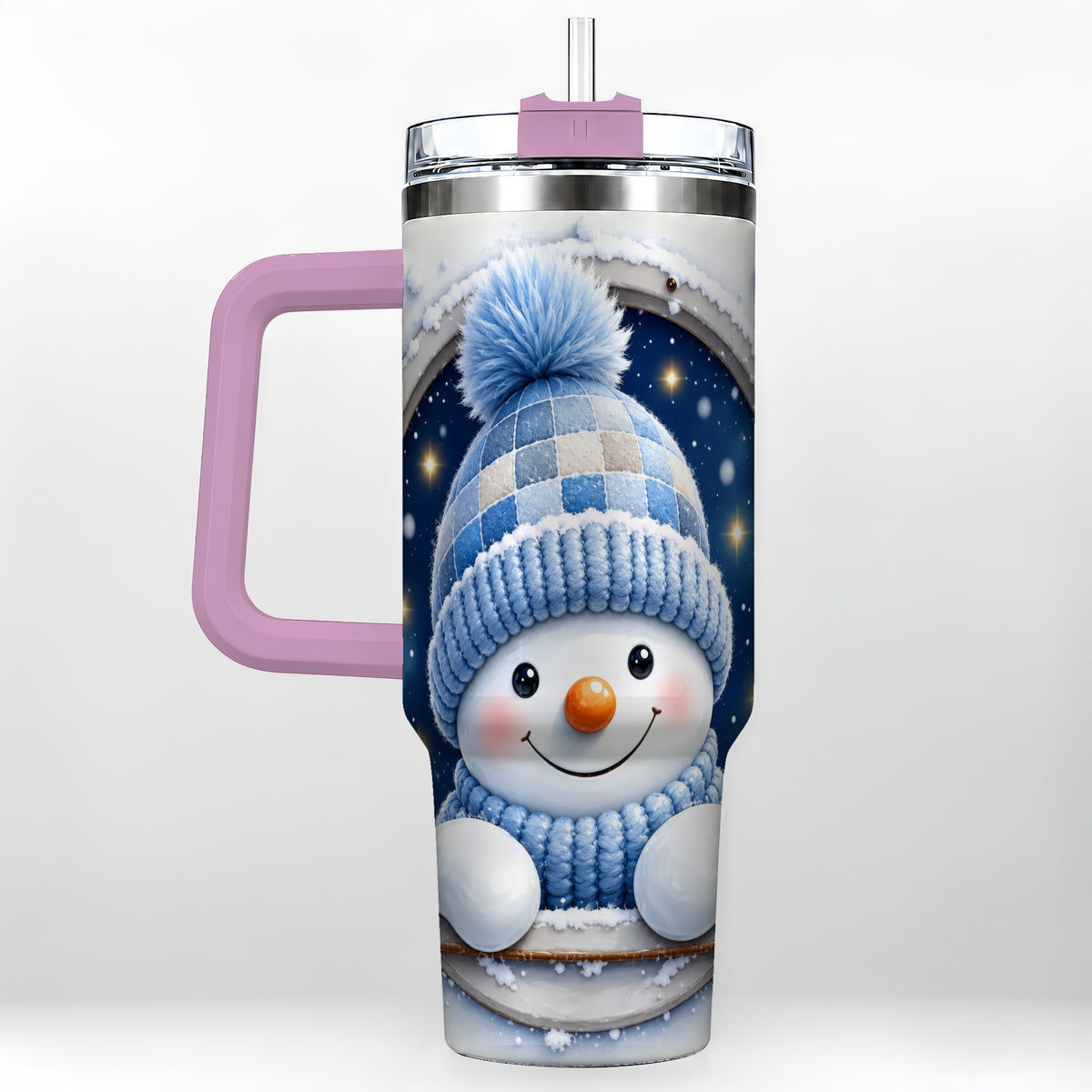 #pl[40oz|Pink] Cozy Snowman 40oz Tumbler with Handle, Winter Stainless Steel Travel Cup