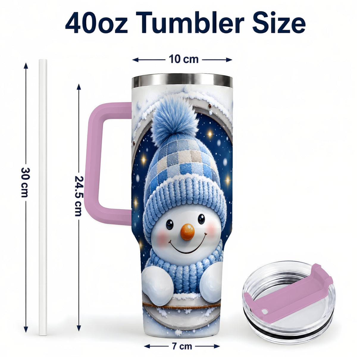 #pl[40oz|Pink] Cozy Snowman 40oz Tumbler with Handle, Winter Stainless Steel Travel Cup