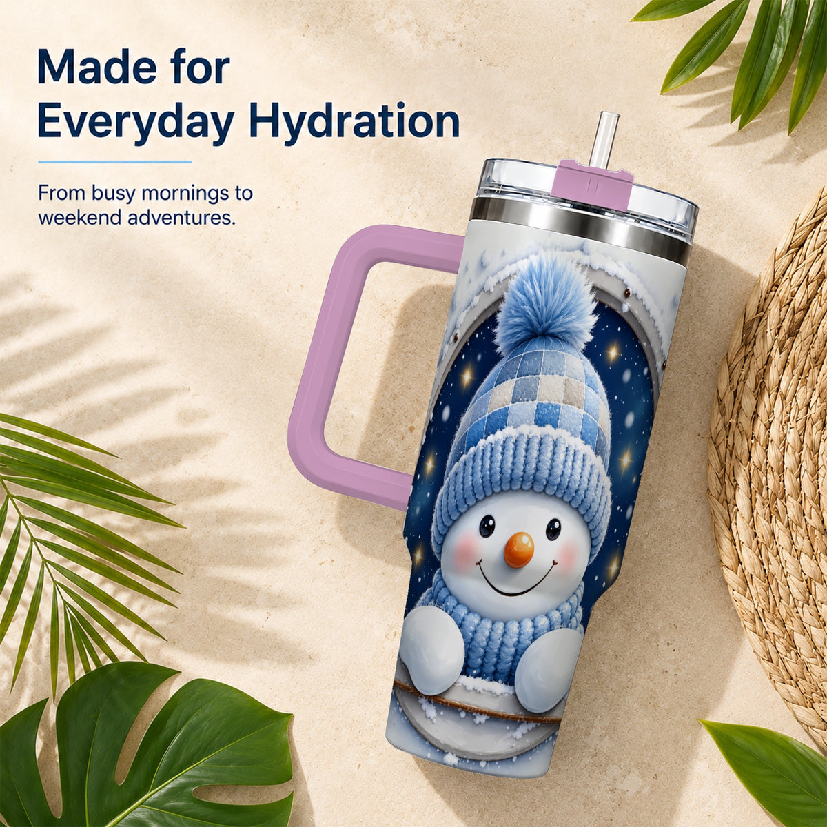 #pl[40oz|Pink] Cozy Snowman 40oz Tumbler with Handle, Winter Stainless Steel Travel Cup