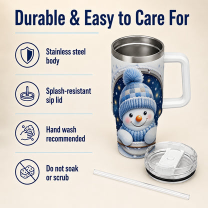 #pl[40oz|White] Cozy Snowman 40oz Tumbler with Handle, Winter Stainless Steel Travel Cup