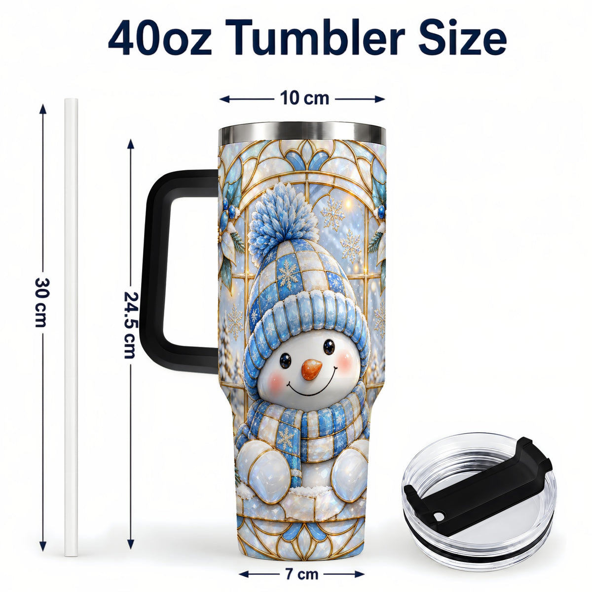 #pl[40oz|Black] Stained Glass Snowman 40oz Tumbler with Handle, Winter Travel Cup