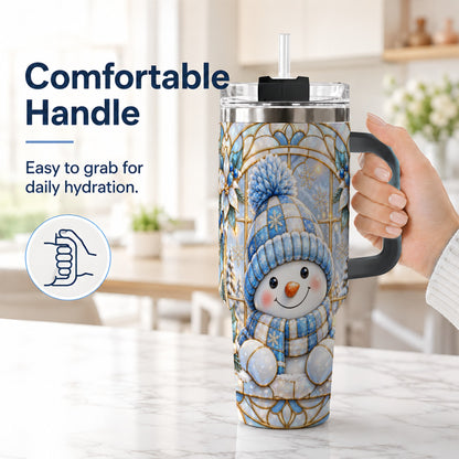 #pl[40oz|Black] Stained Glass Snowman 40oz Tumbler with Handle, Winter Travel Cup