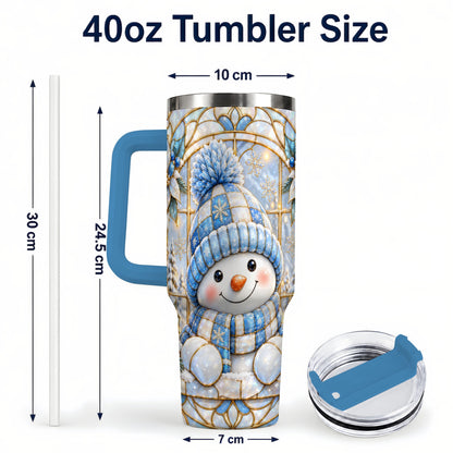#pl[40oz|Blue] Stained Glass Snowman 40oz Tumbler with Handle, Winter Travel Cup