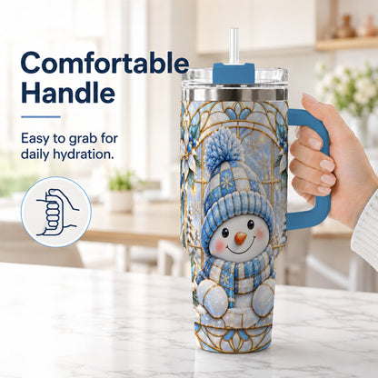 #pl[40oz|Blue] Stained Glass Snowman 40oz Tumbler with Handle, Winter Travel Cup