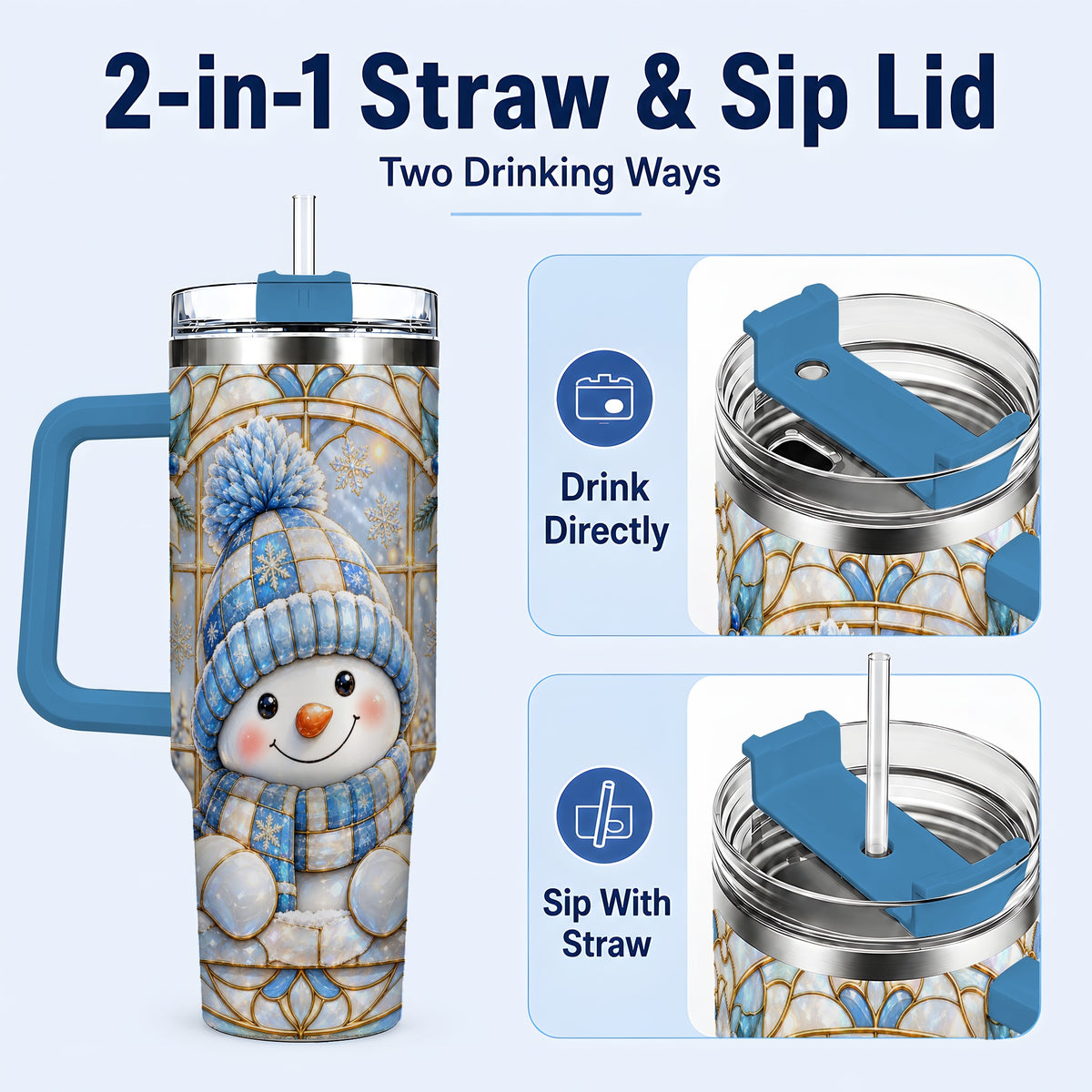 #pl[40oz|Blue] Stained Glass Snowman 40oz Tumbler with Handle, Winter Travel Cup